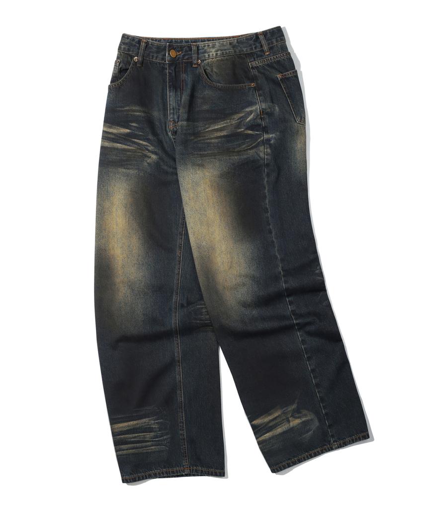 TRILLION Dirty Brush Washed Wide Denim Pants (Deep Green)