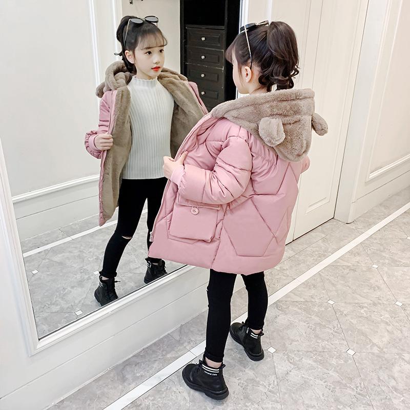 Girls Fall and Winter Padded Thickened Cute Loose Warm Jacket Plush Hooded Warm Jacket