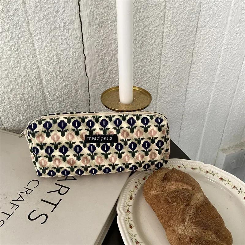 Corduroy Makeup Bags for Women Floral Print Cosmetic Bag Pencil Case Travel Toiletry Bag Storage Bag Organizer Beauty Case