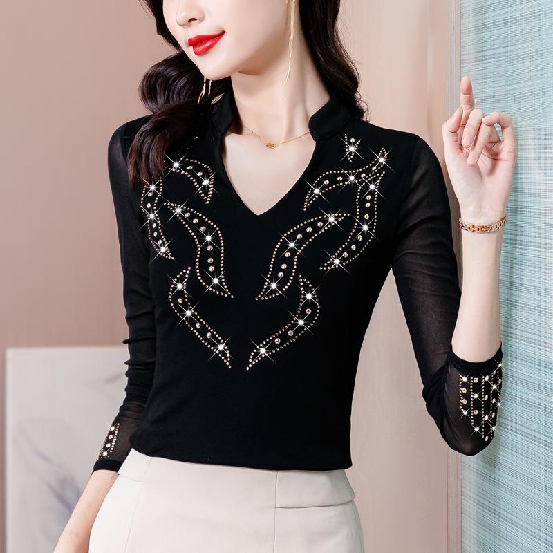 Base Shirt for Women Long-sleeved Early Spring New Red Hot Diamond Fashionable Cotton T-shirt