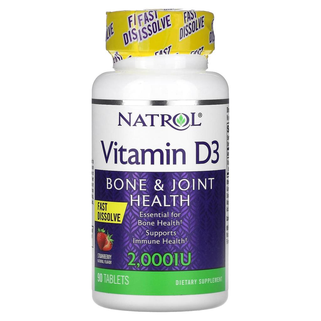 Natrol, Витамин D3, для здоровья костей и суставов, клубника, 2000 МЕ, 90 таблеток