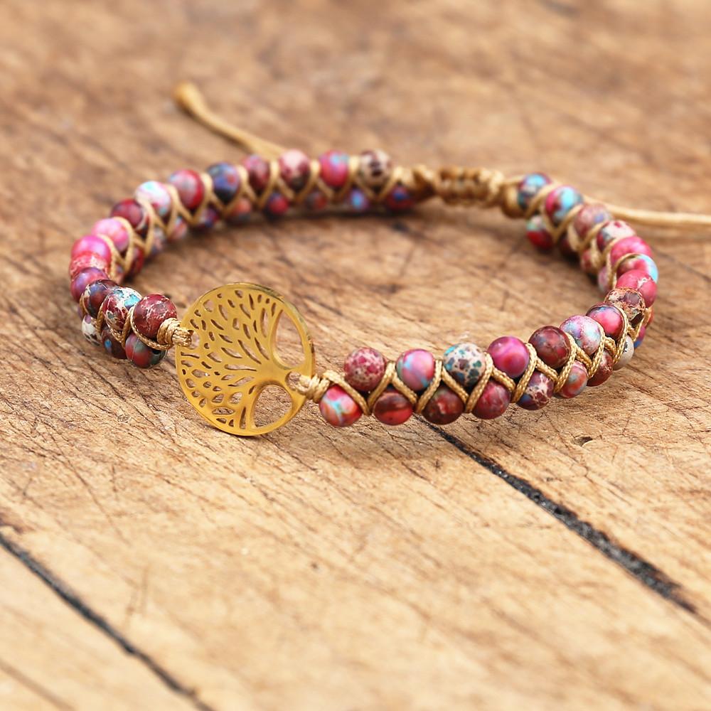 Браслет-обертка для йоги ручной работы из натурального африканского камня с бусинами и браслетом из нержавеющей стали с плетеным браслетом-шармом «Дерево жизни»