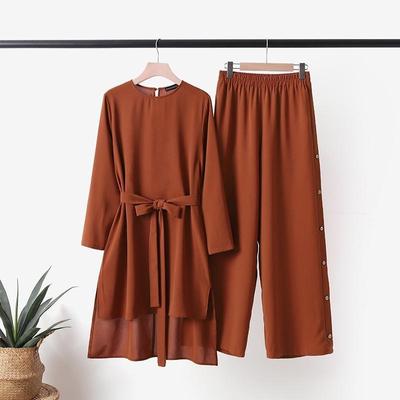 Ид Рамадан Женский Мусульманский Комплект Из Двух Частей Спортивный Костюм Исламский Мусульманский Ансамбль Повседневный Блузка С Длинным Рукавом Широкие Брюки Комплекты