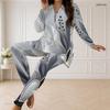 Women Plus Size Two Piece Pants Set Front Zip Long Sleeve Gray Black Printed Longline Top Fitted Pants