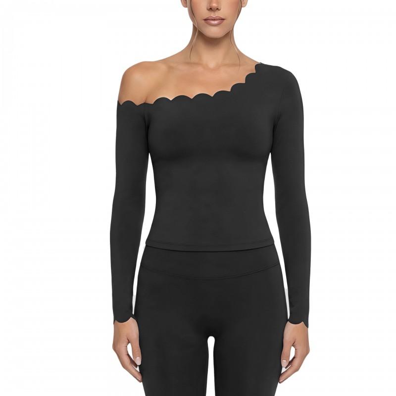 Womens High-Elastic Seamless Side-Shoulder Yoga Top With Built-in Pad Breathable Quick-Dry Long Sleeve Running Fitness