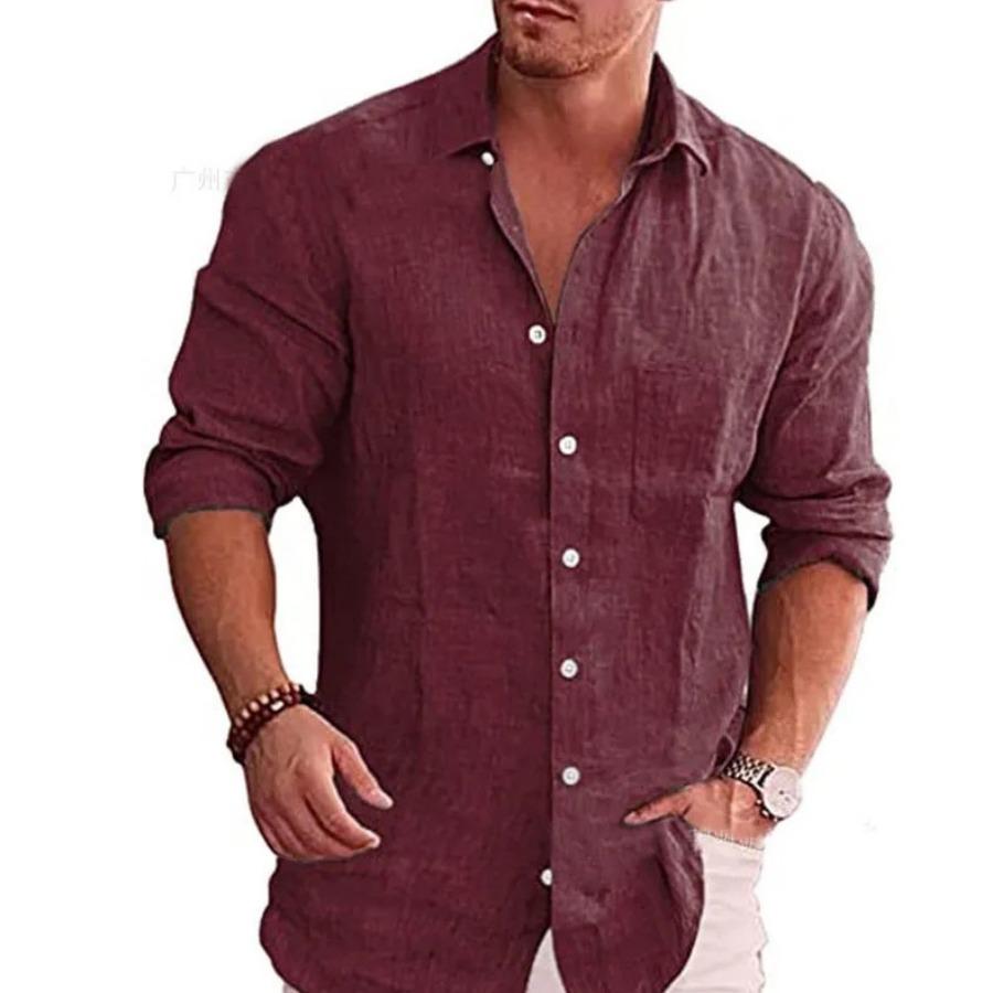 Men's Loose Solid Flax Polo Collar Long Sleeve Shirt Casual Men White Black Loose Shirts for Men Blouse