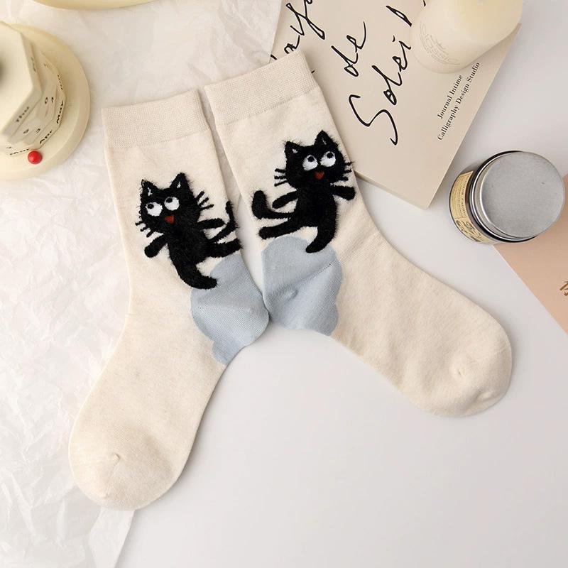 1 пара женских носков Осень Зима Принт с буквами Дышащие носки до щиколотки с кошкой Высококачественные носки до середины икры Милая кошка Смесь полиэстера