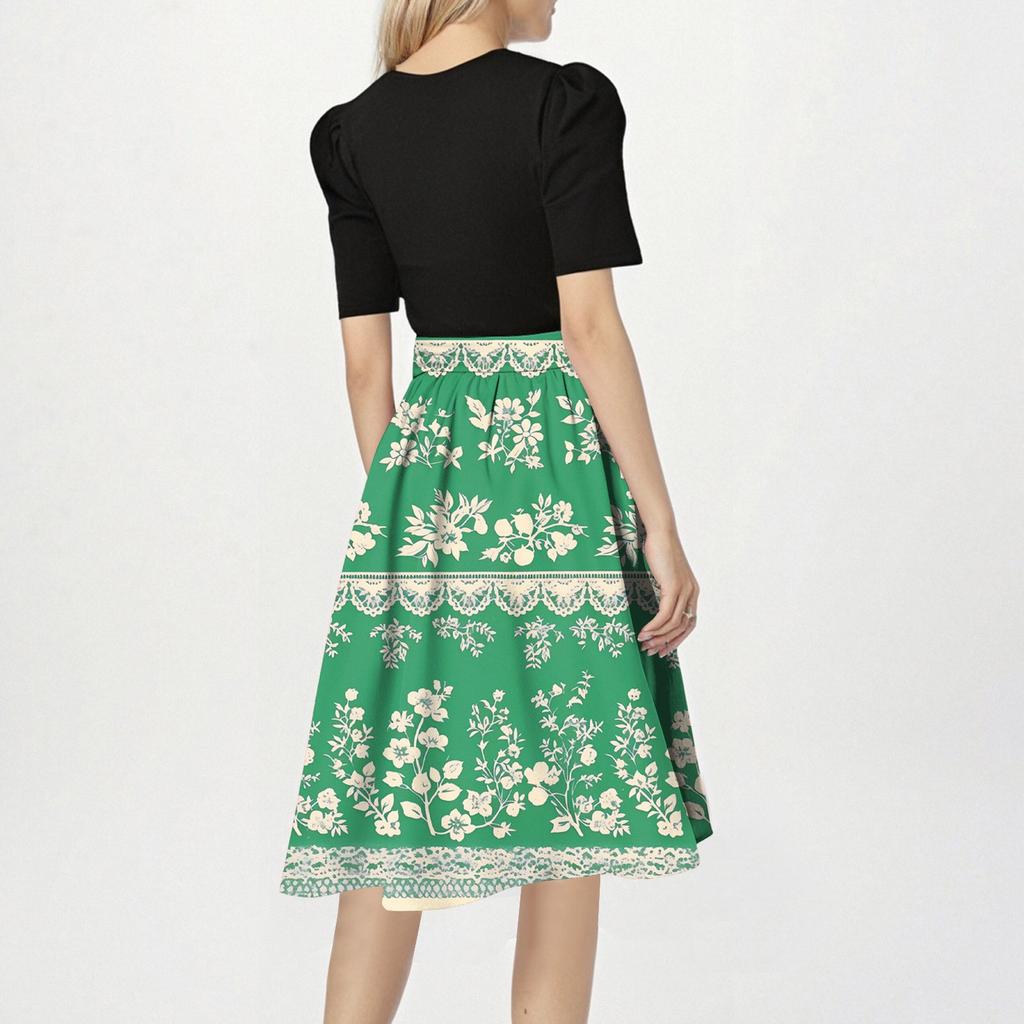 Women's Fashionable Casual Belt Short Sleeved Round Neck Printed Patchwork Dress