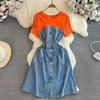 Short Sleeve Denim Dresses for Woman Fake Two Jeans Patchwork Women's Dresses A Line Lace-up O Neck Vestidos Dropshipping