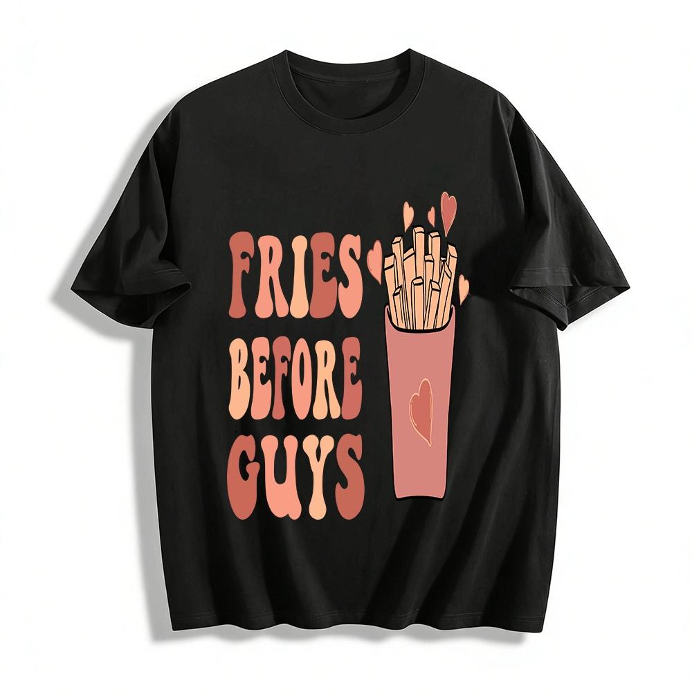 Смешной слоган ФРИ ПЕРЕД ПАРНЯМИ Принт Сердце с Картошкой фри Повседневная футболка с коротким рукавом Футболка из чистого хлопка