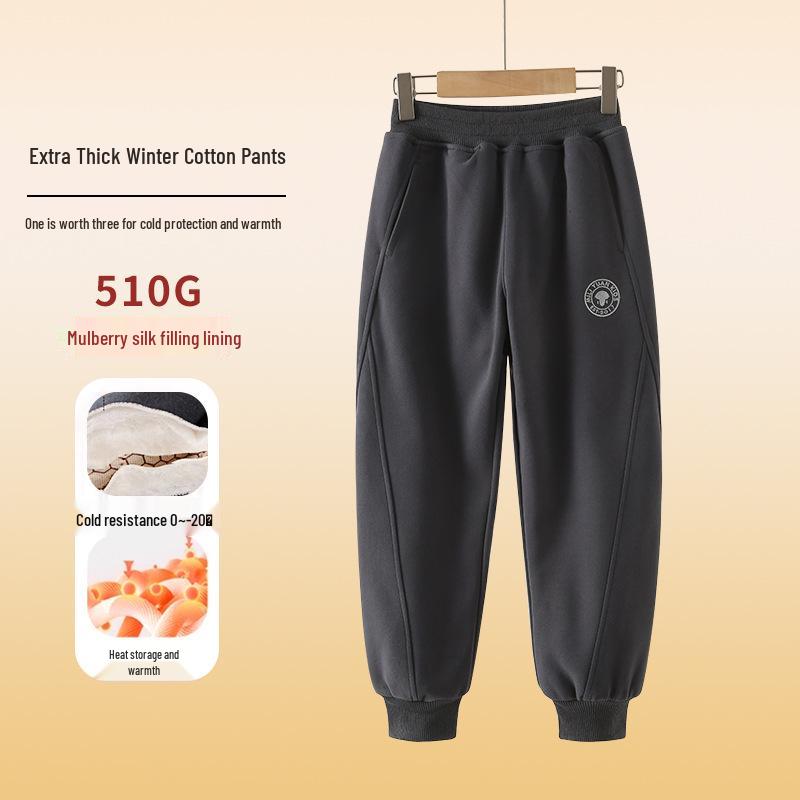 2024 Зимние утепленные хлопковые брюки на флисовой подкладке для мальчиков среднего и старшего возраста - Спортивный стиль