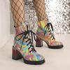 Plus Size Super High Wood Grain Thick Heel Gradient Print Shoes Love Decal Boots Multicolored Lace Up Women's Ankle Boots