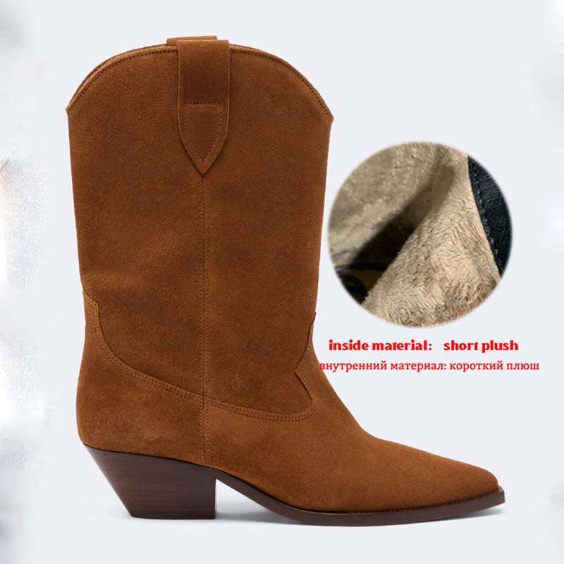 Krazing Pot Cow Suede Nubuck Autumn Pointed Toe Winter Shoes Square Heels Big Size 45 Size 44 Size 46 Women Keep Warm Mid-calf Boots