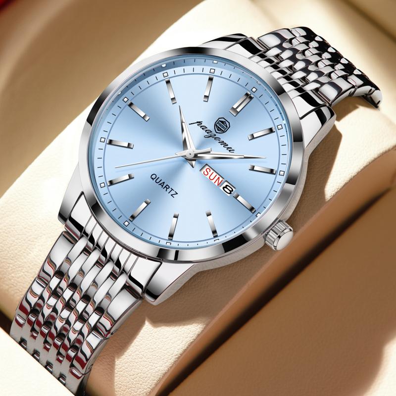PAAZOMU Luxury Watch For Man Waterproof Luminous Date Week Stainless Steel Men Watch Casual Quartz Men's Watches Male Clock+box