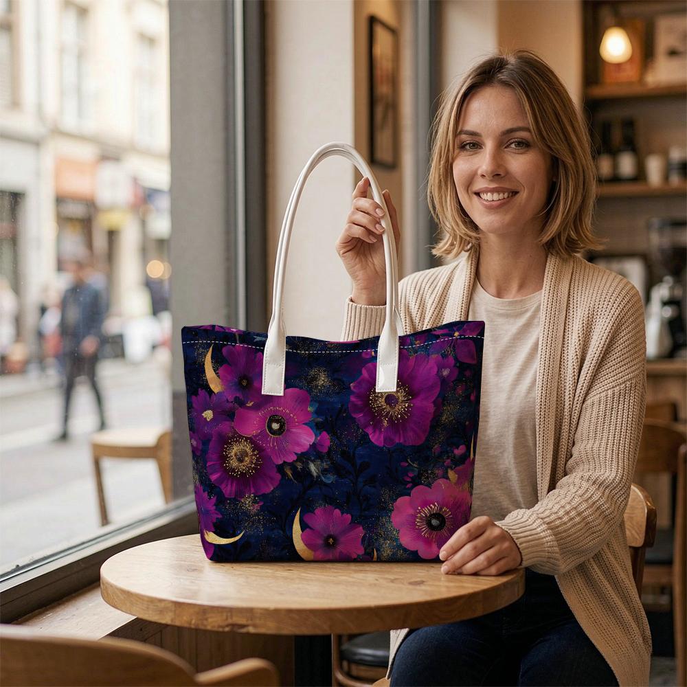 Purple Floral Fashion Tote Bag for Daily Casual Use