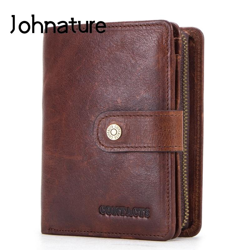 Johnature Кожаные винтажные однотонные короткие кошельки Crazy Horse на молнии и застежке, многофункциональный мужской кошелек-клатч