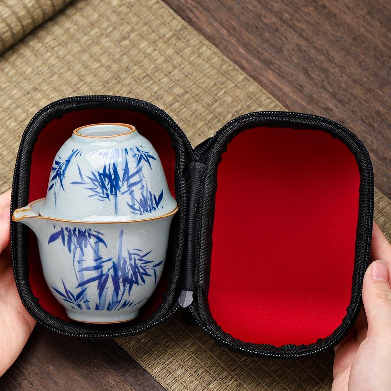 Retro Geyao travel kung fu tea set, one pot and four cups, camping business trip portable express guest cup, brewing teapot, tea cup set
