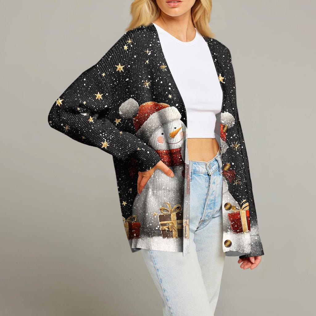 Женский модный кардиган с длинным рукавом, V-образным вырезом, на пуговицах, свободного кроя, с рождественским принтом