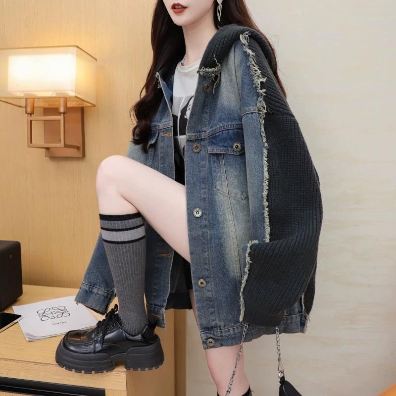 DIMANAF 2025 Зима Новая Куртка Женские Свитера Джинсовое Пальто Лоскутное Ватное Кардиган Вязание Карманы Свитер