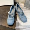 New Denim Pearl Square Toe High Heels Ankle Straps Solid Chunky Med Heel Metal Chain Shoes Retro Daily Dress Pumps Handmade