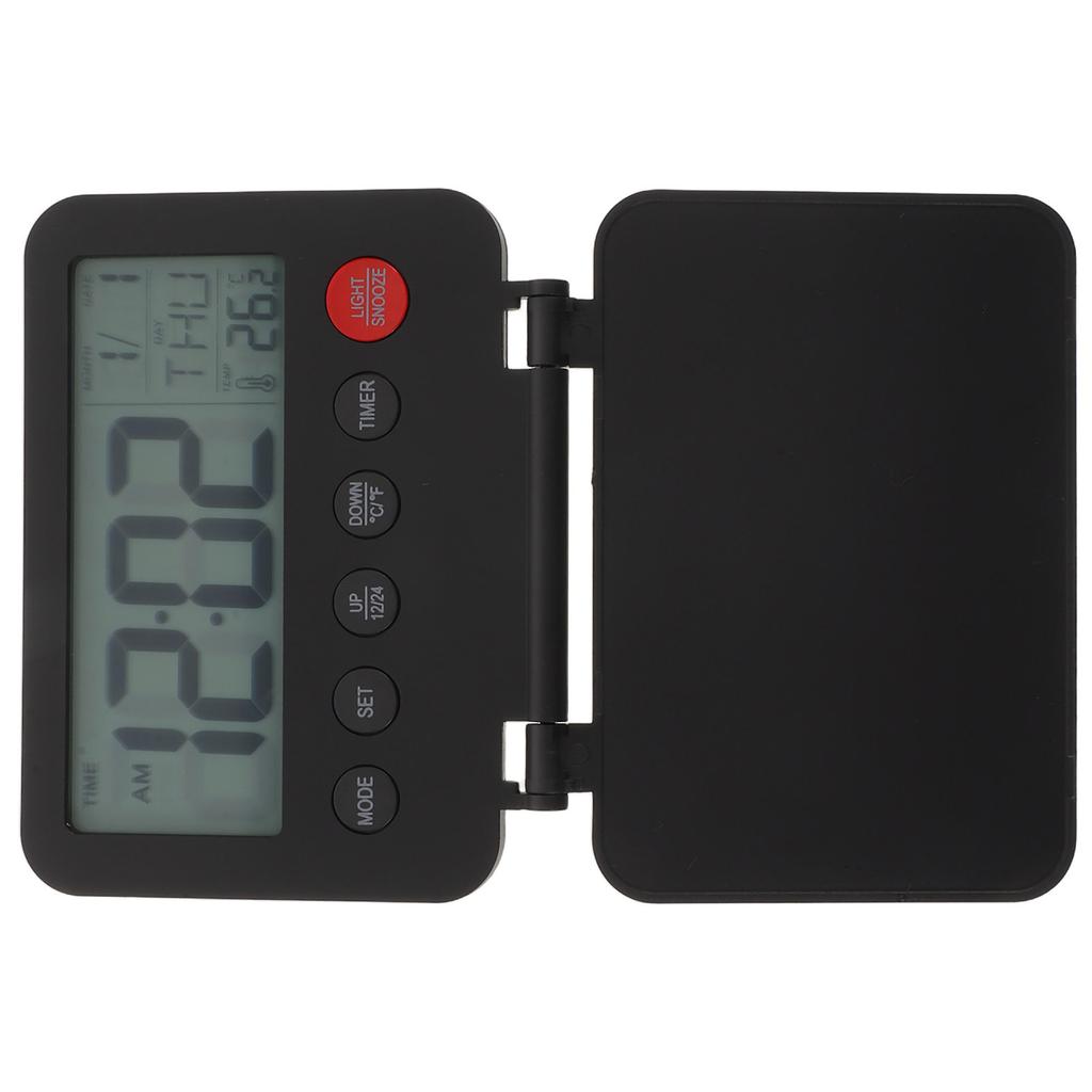 Small Alarm Clock Ultrathin LCD Display Battery Powered Non Ticking Date Temperature Flip Cover Night Light