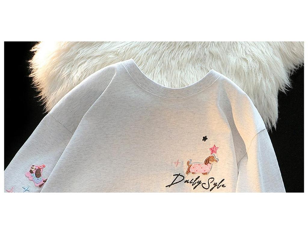 Американский шик Вышитая футболка из хлопка с коротким рукавом и щенком для женщин – Летний свободный крой Милый топ