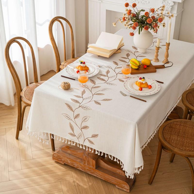 Fresh Linen-Cotton Embroidered Tablecloth Waterproof Dining Table Cloth Modern Cover
