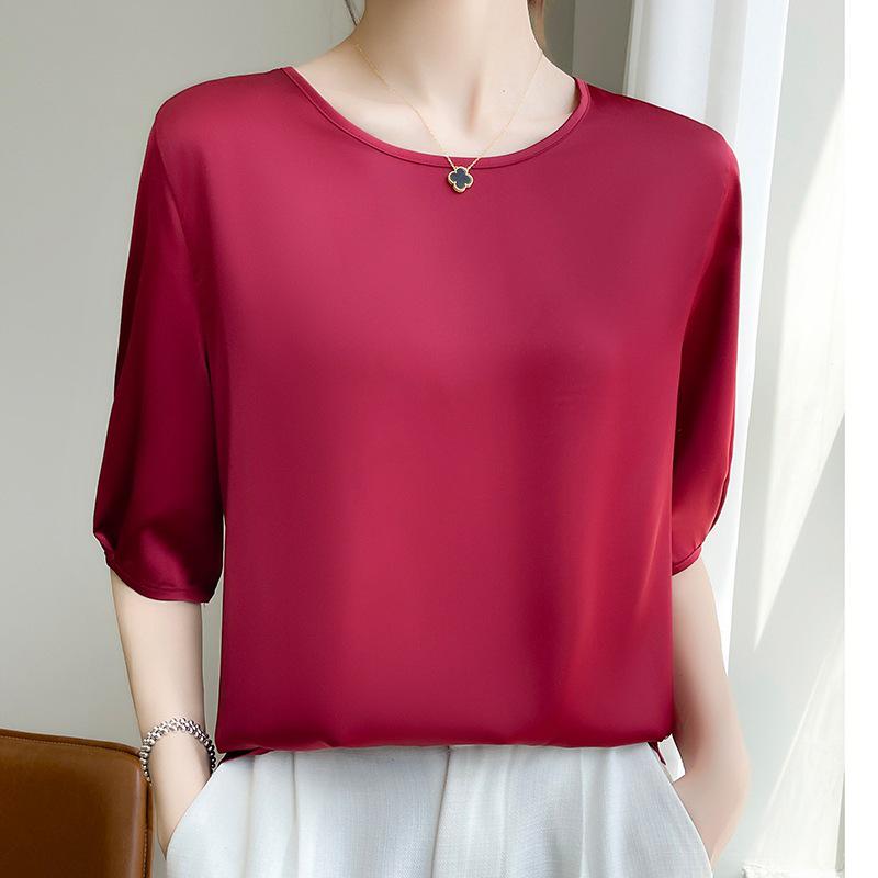 Breathable Silk Women's Round Neck Loose Solid Color Acetate Satin T-Shirt (2024 Spring/Summer Collection)