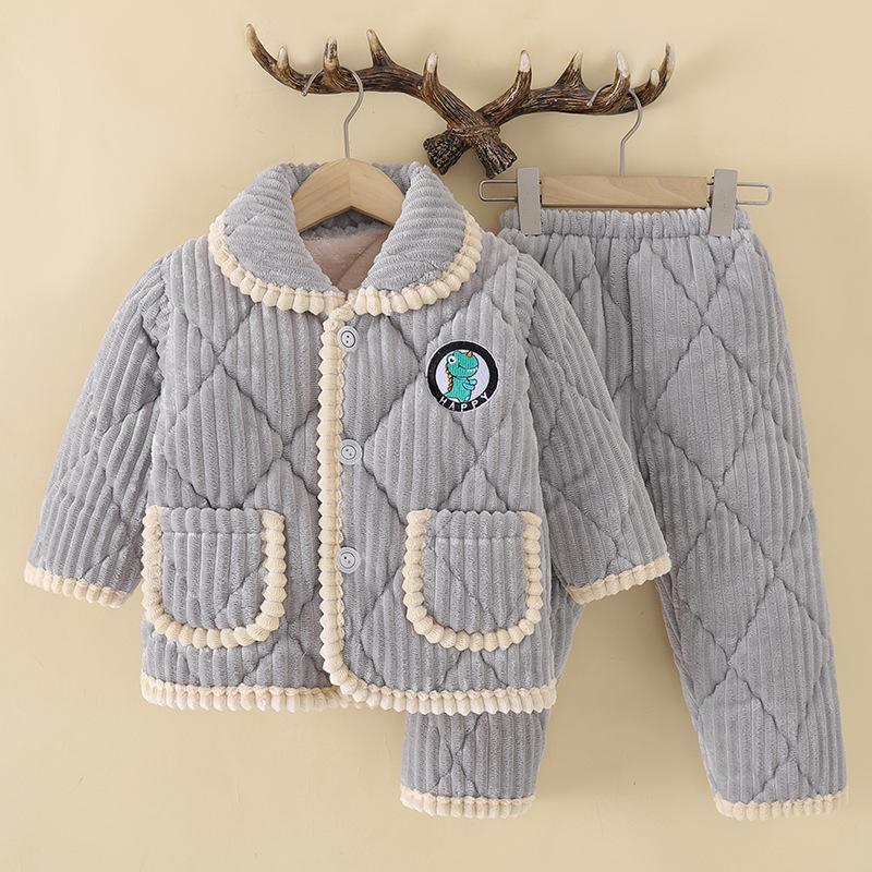 Зимняя детская мода фланелевая хлопковая подкладка толстая теплая пижама с рисунком пижамные комплекты с отворотами для мальчиков и девочек одежда для сна одежда