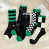 5/10 Pairs Green Checkered Black and White Pattern Mid Calf Socks Trendy Brand with Smiling Face Color Blocked Stripes Collegiate Style Cotton Socks