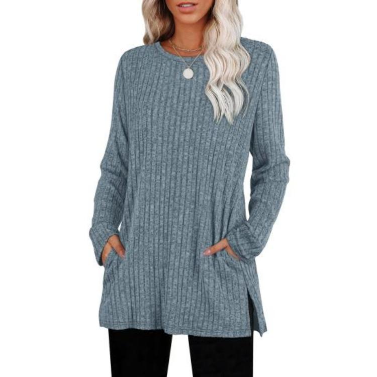 Women's Pullovers & Long Sleeves - Women Long Sleeve Knit Tops Casual Solid Color Striped Blouse with Side Pocket
