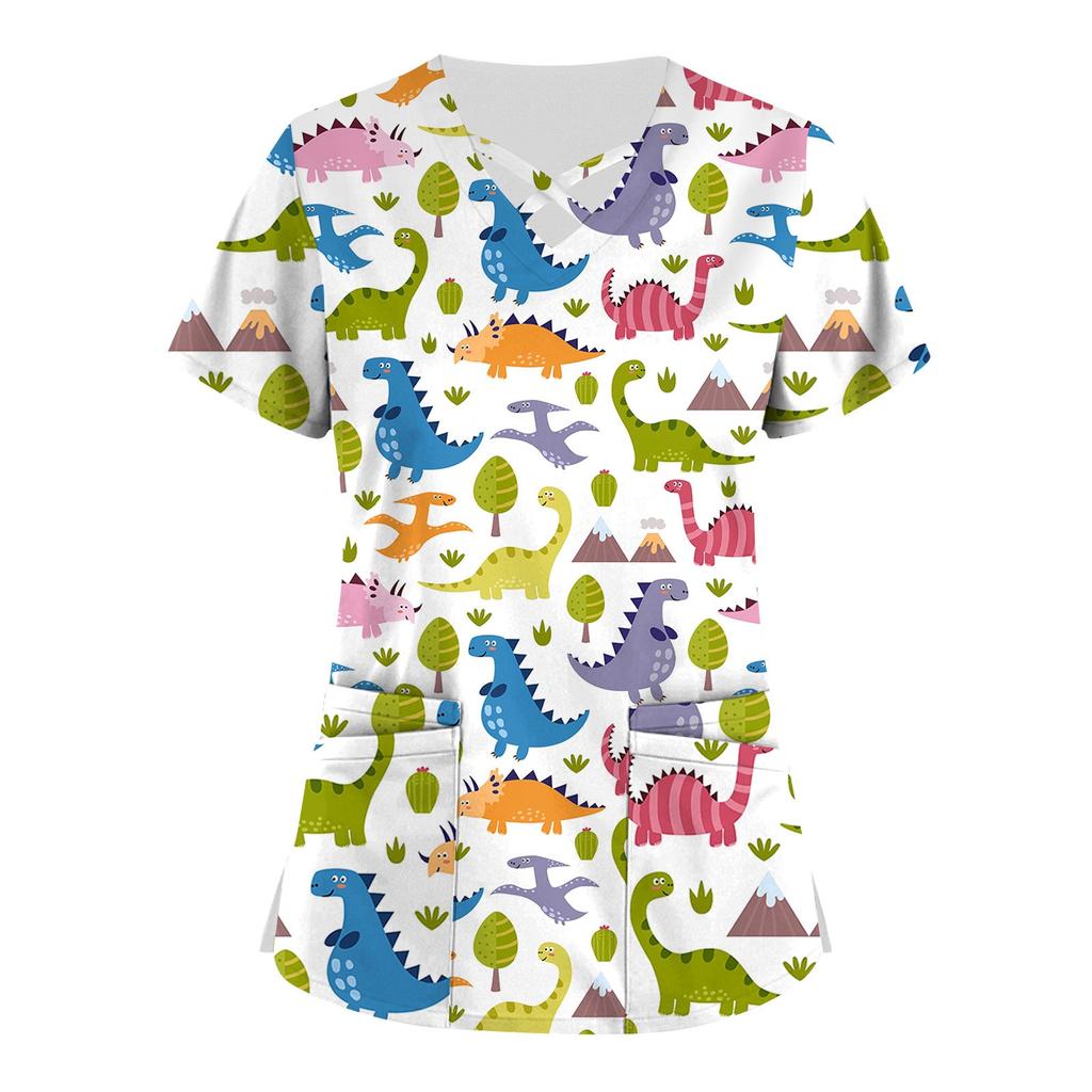 Plus Size Cute Printed Scrub Working Uniform Tops For Women Cross V-Neck Short Sleeve Fun T-Shirts Workwear Tee With Pockets