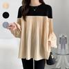Japanese Clothing Women's Pleated Elastic Lantern Sleeves Blouse Color Blocked Splicing Long Sleeved T-shirt Top