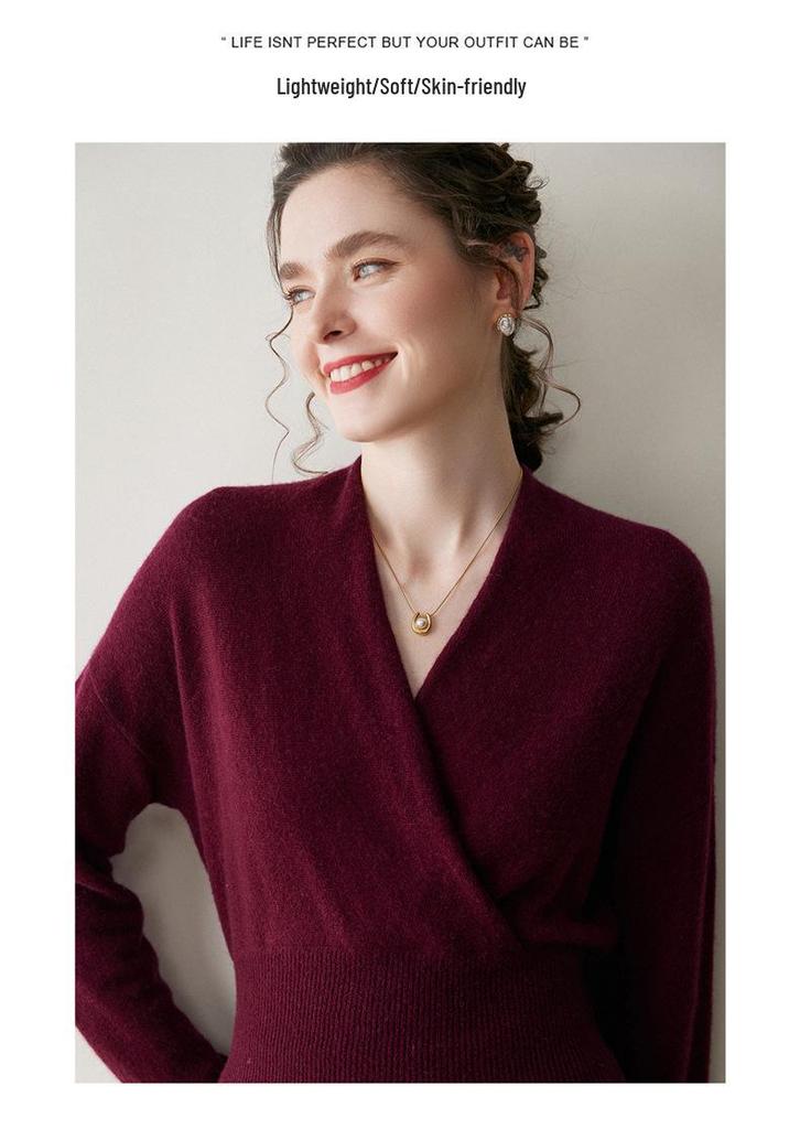 Women's Cross V-Neck Cashmere Sweater - 2026 Autumn/Winter French Robe Style Knit Outerwear