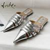 Modern Slippers Pointed Toe Pu Flat Bottom Anti-slip Sheos for Women 2024 Fashion Hollow Out Solid Color Silver Sandals Summer