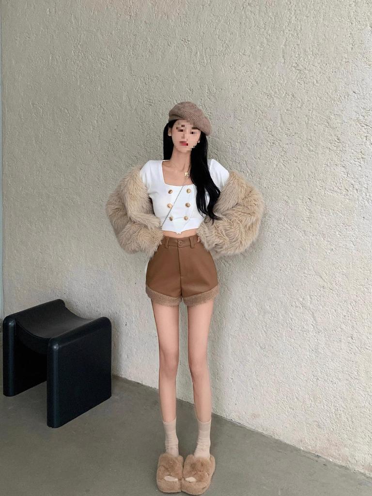 Spicy Girl High Waist Patchwork Slimming PU Leather Shorts - Autumn/Winter Style