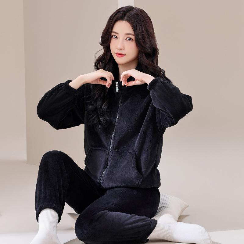 Сладкий конфетный цвет комплект из двух предметов пижамы осень-зима фланелевые пижамные комплекты женские флисовые утолщенные молнии однотонные симпатичные домашняя одежда