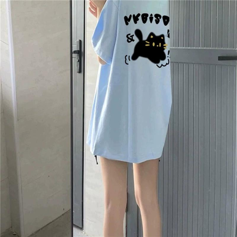 Футболки из чистого хлопка, женские, летние, с милым мультяшным принтом, в стиле хип-хоп, повседневные, в стиле Харадзюку, большие, с коротким рукавом, синие, для девочек 2010 года