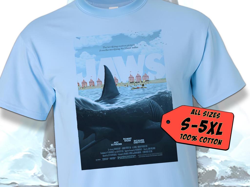 Jaws V4 T Shirt movie poster print Sky Blue Color shirt 100% cotton all sizes S to 5XL