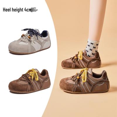 Женские спортивные туфли из натуральной кожи в стиле ретро 2025 года с двойной шнуровкой, бисерной отделкой, толстой подошвой, увеличением роста, повседневным дизайном