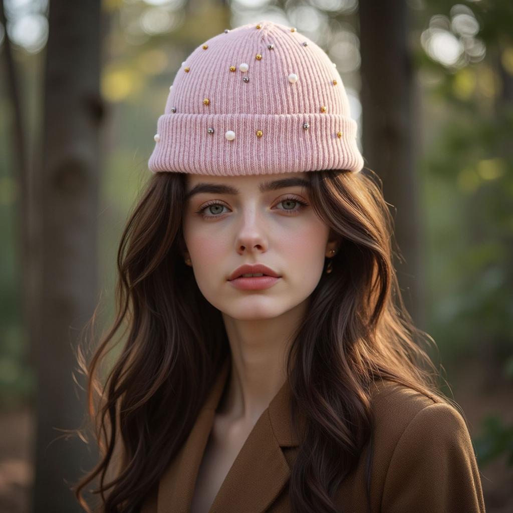 Solid color warm pearl hat autumn and winter fashion versatile pullover knitted hat rivet trend women's wool hat