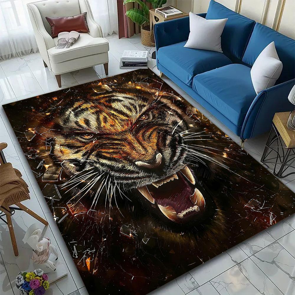 "Ferocious Tiger with Fiery Background" Patterned carpet, suitable as a non slip play mat for the living room and bedroom sofa