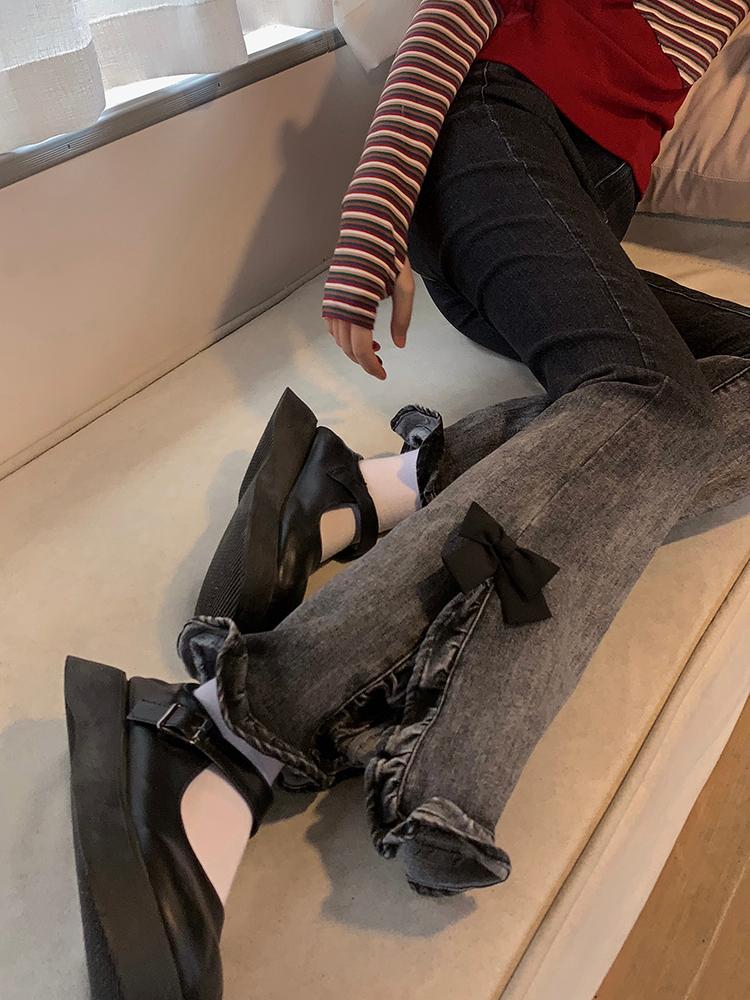 Denim Vintage Contrast Color Flare Pants Women Japanese Sweet Bow Elegant Jeans Female Korean Style Open Fork Casual Jeans 2024