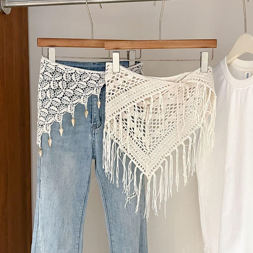 Bohemian Tassel Knitted Triangle Scarf Countryside Style Ethnic Style Crochet Flower Scarves Clothes Decoration White
