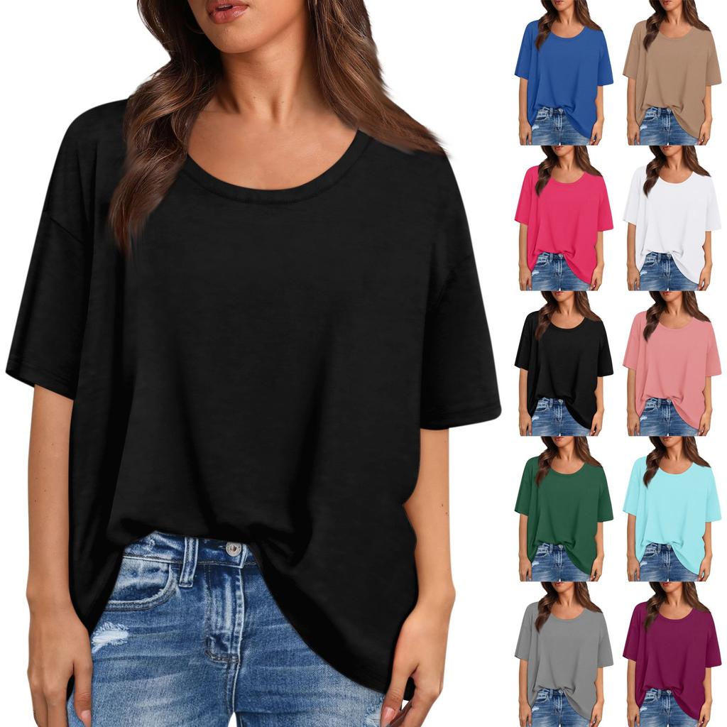 Модные однотонные футболки для женщин, летние топы с короткими рукавами, свободные блузки с круглым вырезом, топы