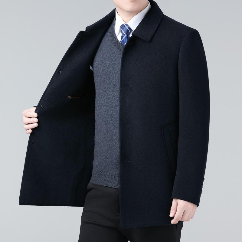 Мужское двустороннее шерстяное кашемировое пальто средней длины на осень и зиму, шерстяное пальто для мужчин среднего и пожилого возраста с лацканами