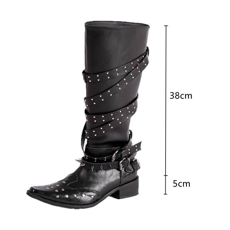 Мода Винтаж Кожа Клепки Шипы Пряжка для ремня Женские Мотоциклетные Сапоги Мода Осень Зима Высокий каблук Панк Ковбой Рыцарь Сапоги Обувь