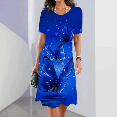 Модное женское свободное платье-трапеция с принтом танцующих бабочек и короткими рукавами и листьями