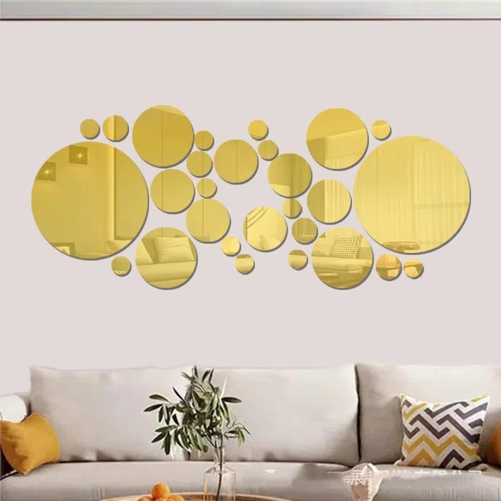 32Pcs Silver 3D Mirror Wall Sticker Circle Home Background Decoration Mirror Decals Living Room