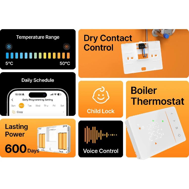 Tuya smart battery powered wifi thermostat gas boiler switch heating/cooling programmable remote control support alexa google